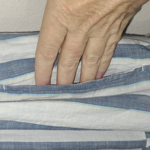 Milkmaid House Dress Verticle Striped Midi Shirred Ruffeled Tiered Off Shoulder - Picture 4 of 9